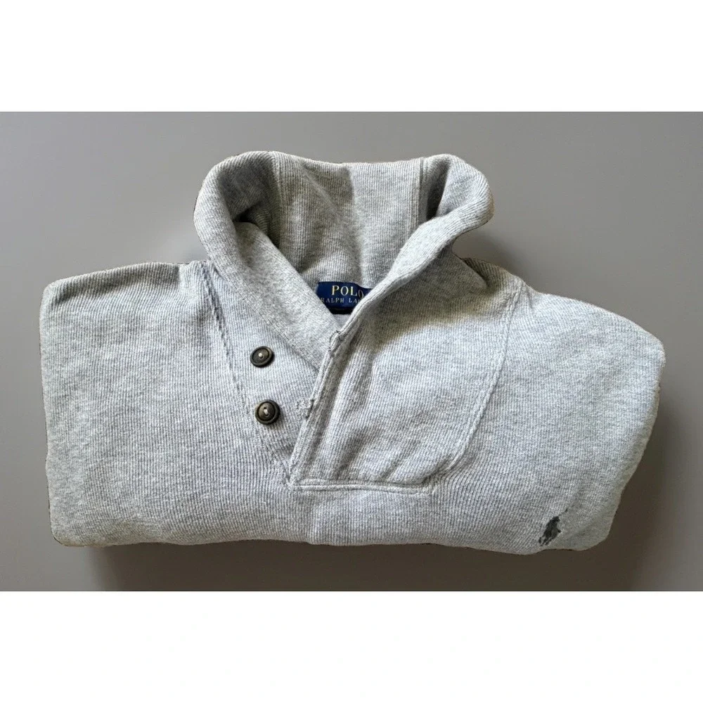 Polo Ralph Lauren V Neck Shawl Collar Pullover Shirt Gray Pony Logo Large JBHS
